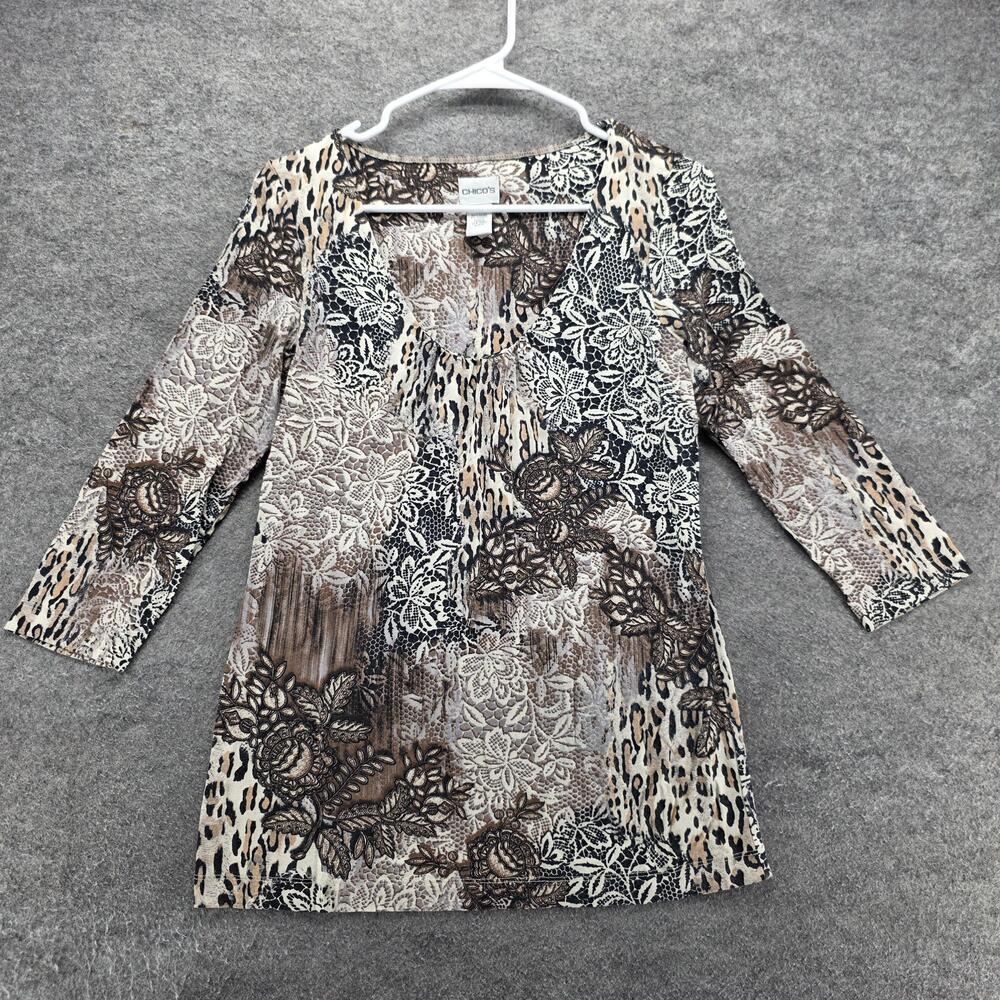 Chico's Blouse Tunic Womens 0 Multicolor Floral Animal Print V-Neck 3/4 Sleeve